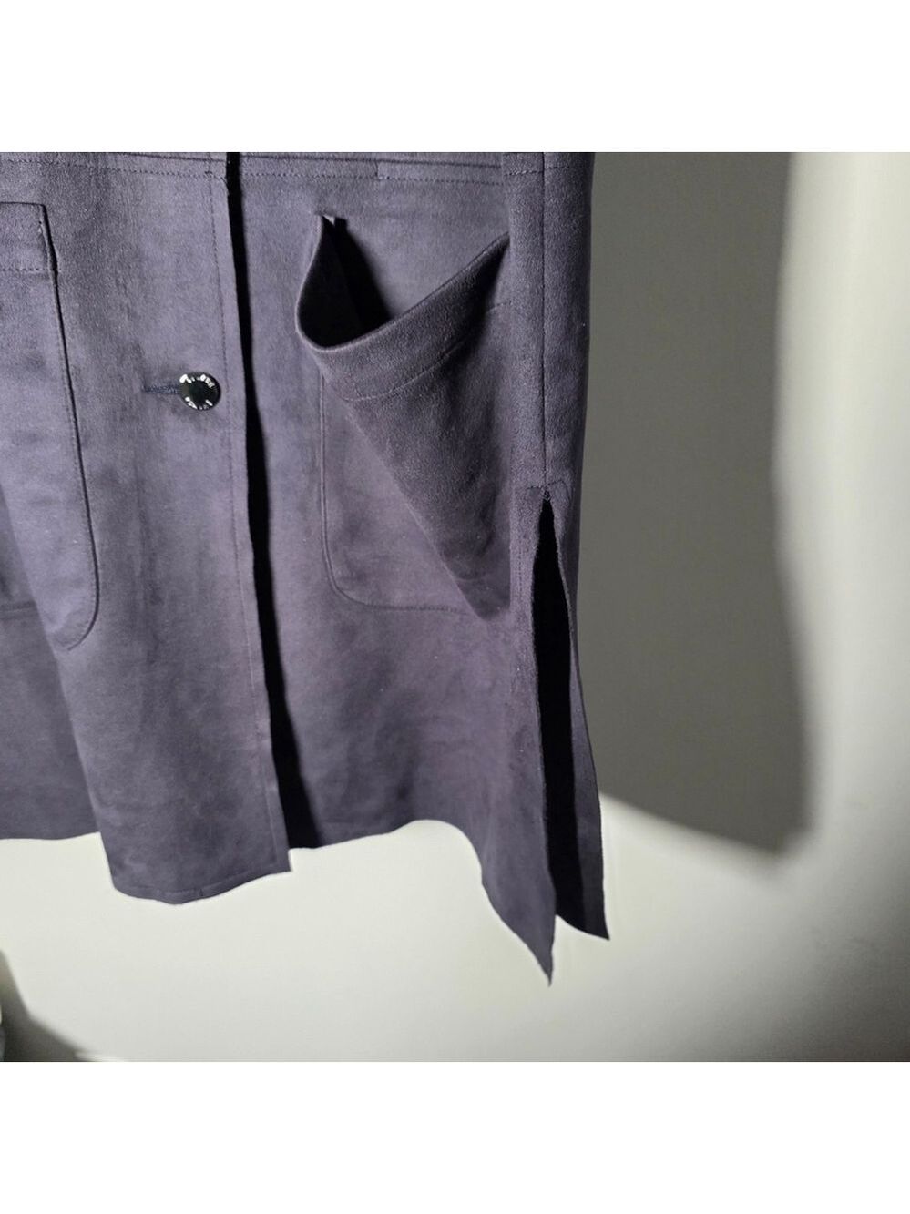 Bylyse Longline Faux Suede Jacket Navy Button Front Pockets Small - Picture 10 of 12